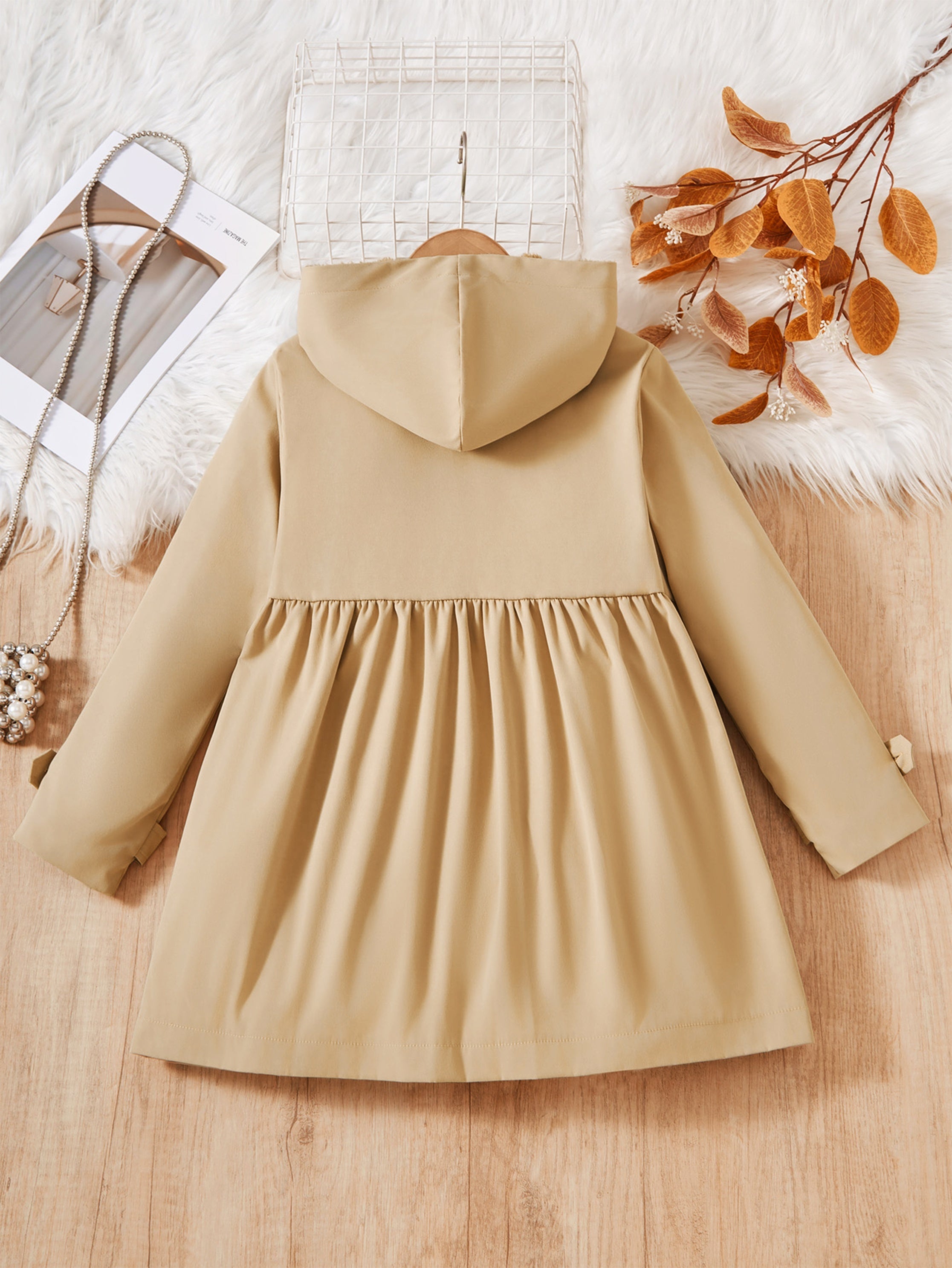 Girls Hooded Padded Coat Lightweight Double-Breasted Fall Winter Solid Polyester