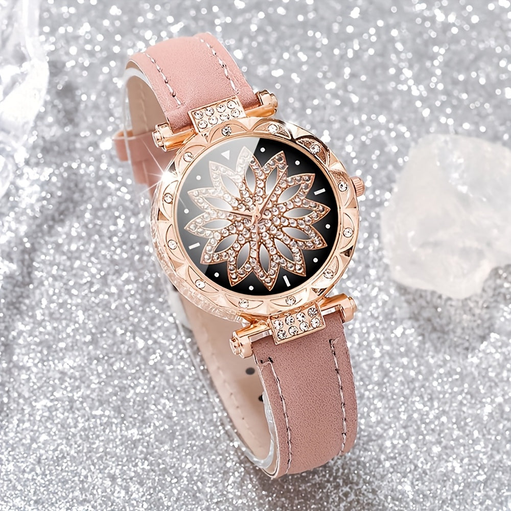 Women's Quartz Watch Set with Rhinestone Heart Dial and PU Leather Strap 3-Piece