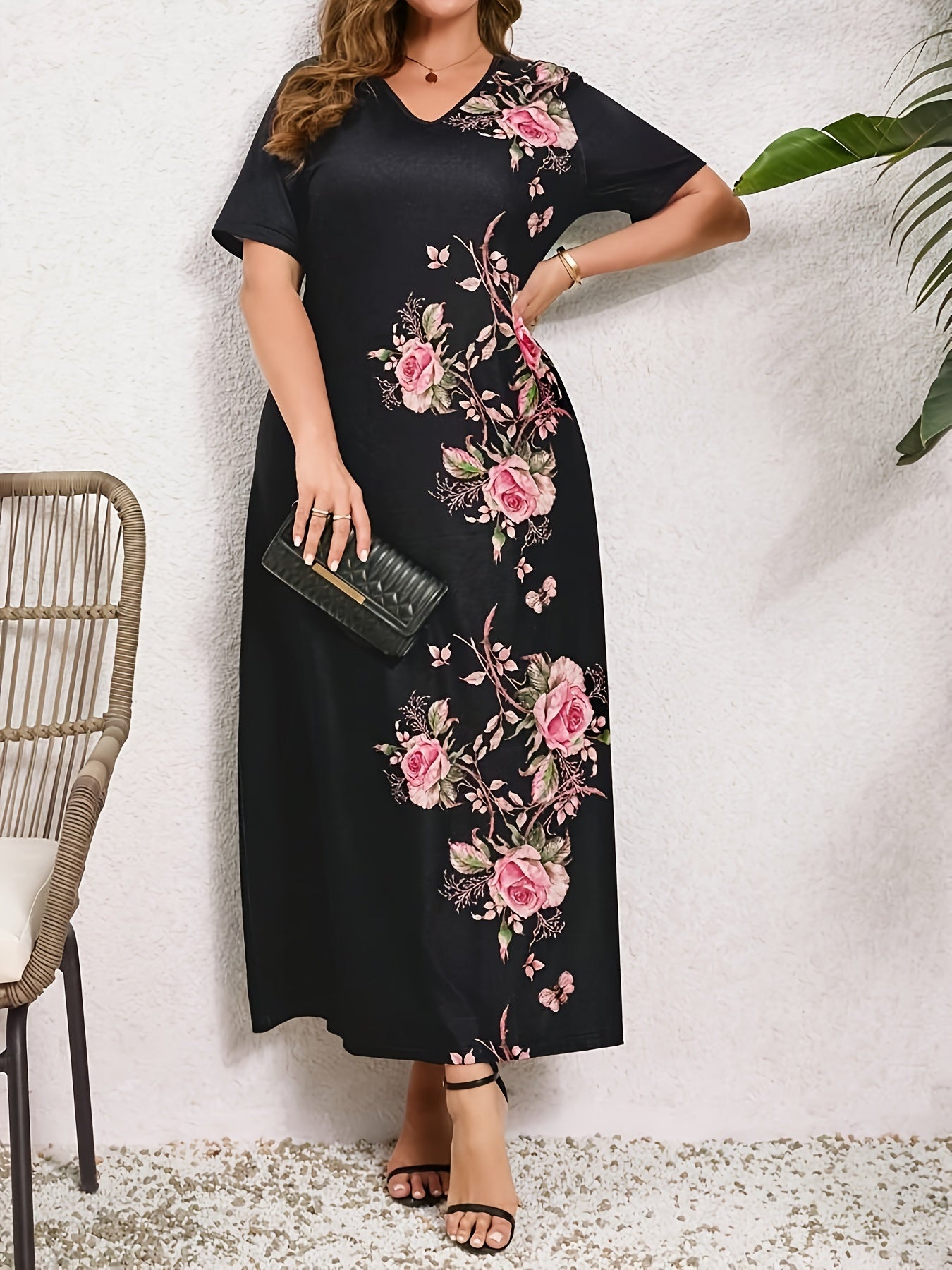 Plus Size Floral Print Slim Dress V-Neck Short Sleeve for Spring Summer Vacation