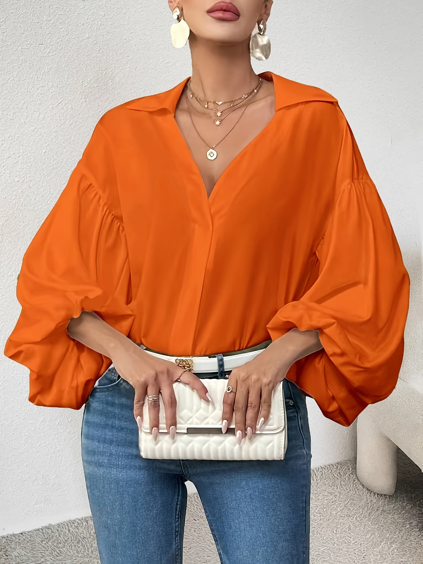 Women’s Navy Blue V-Neck Blouse Long Sleeve Solid Casual Wear