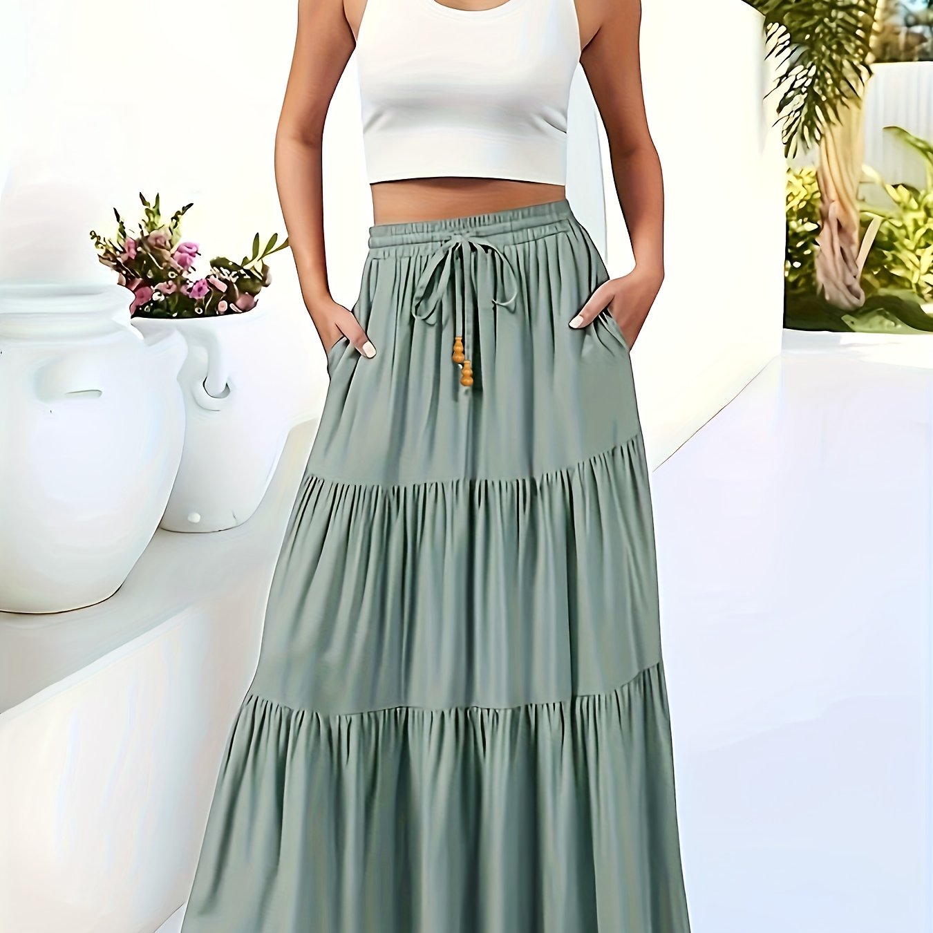 Women's Pleated High-Waisted Pocket A-Line Long Skirt Summer Beach Midi