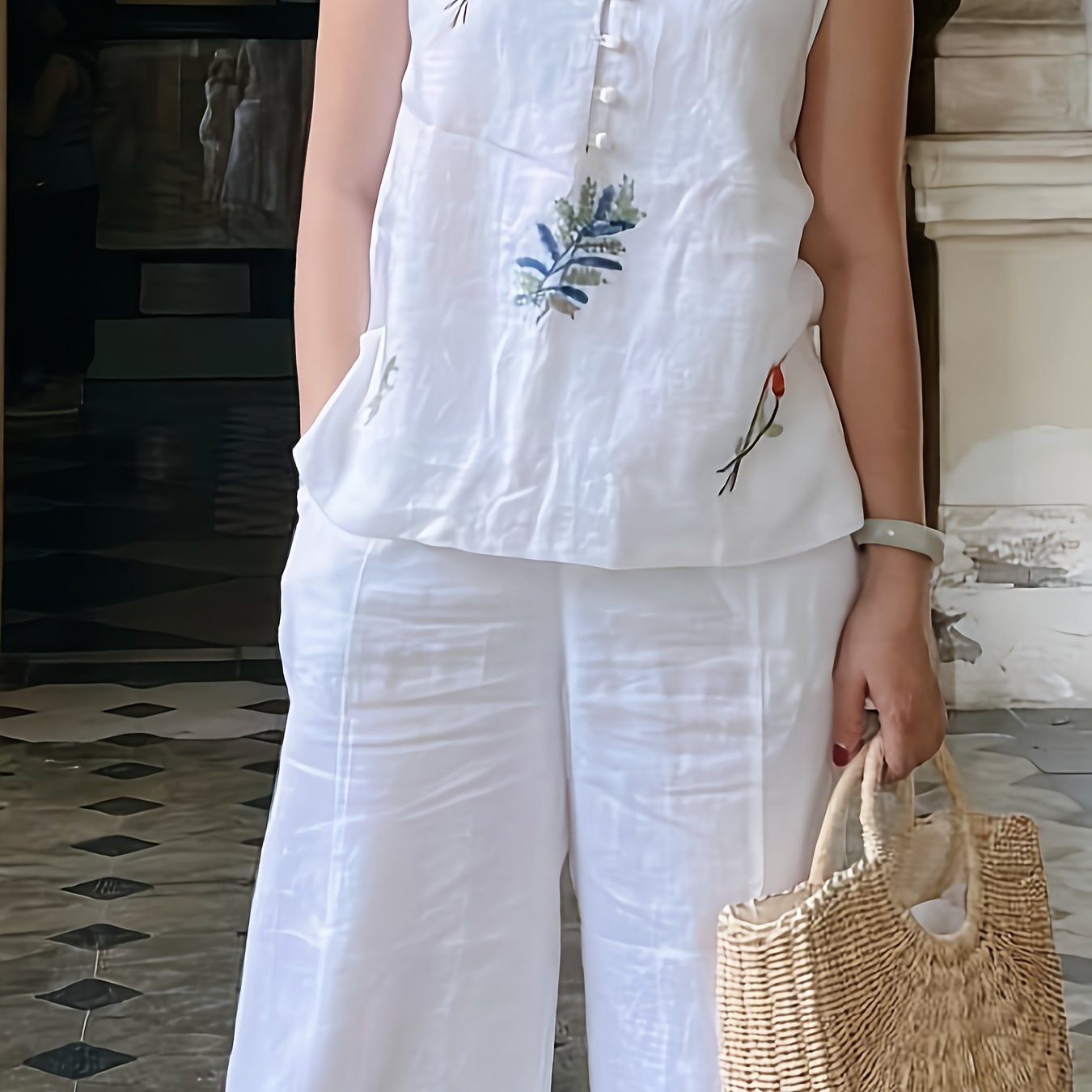 Pantalones de rayón casual con bordado para mujer, color sólido, primavera y otoño