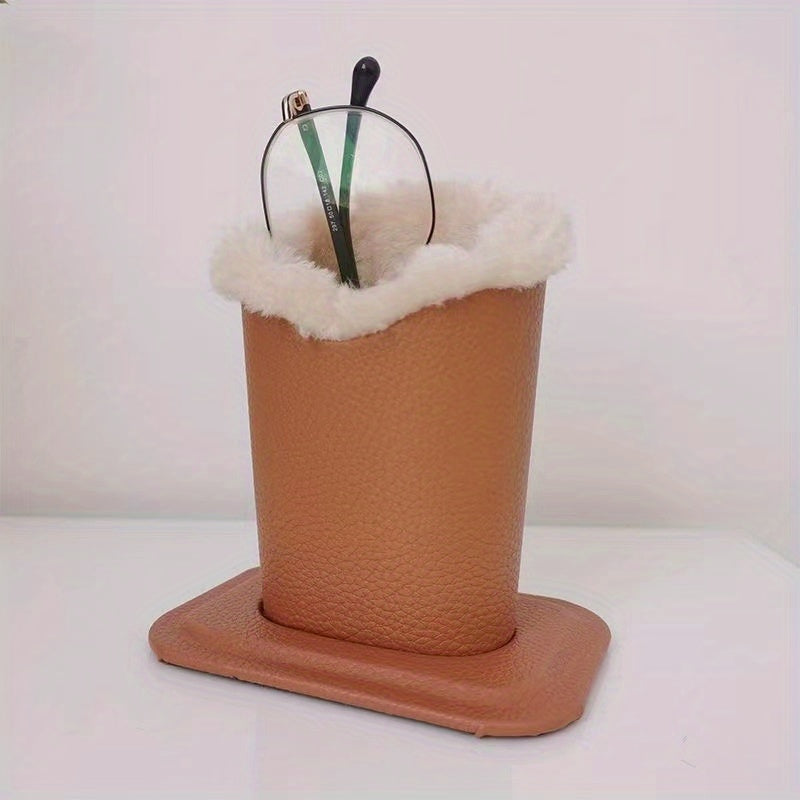 Glasses Holder with Plush Lining and Leather Exterior for Desk or Nightstand