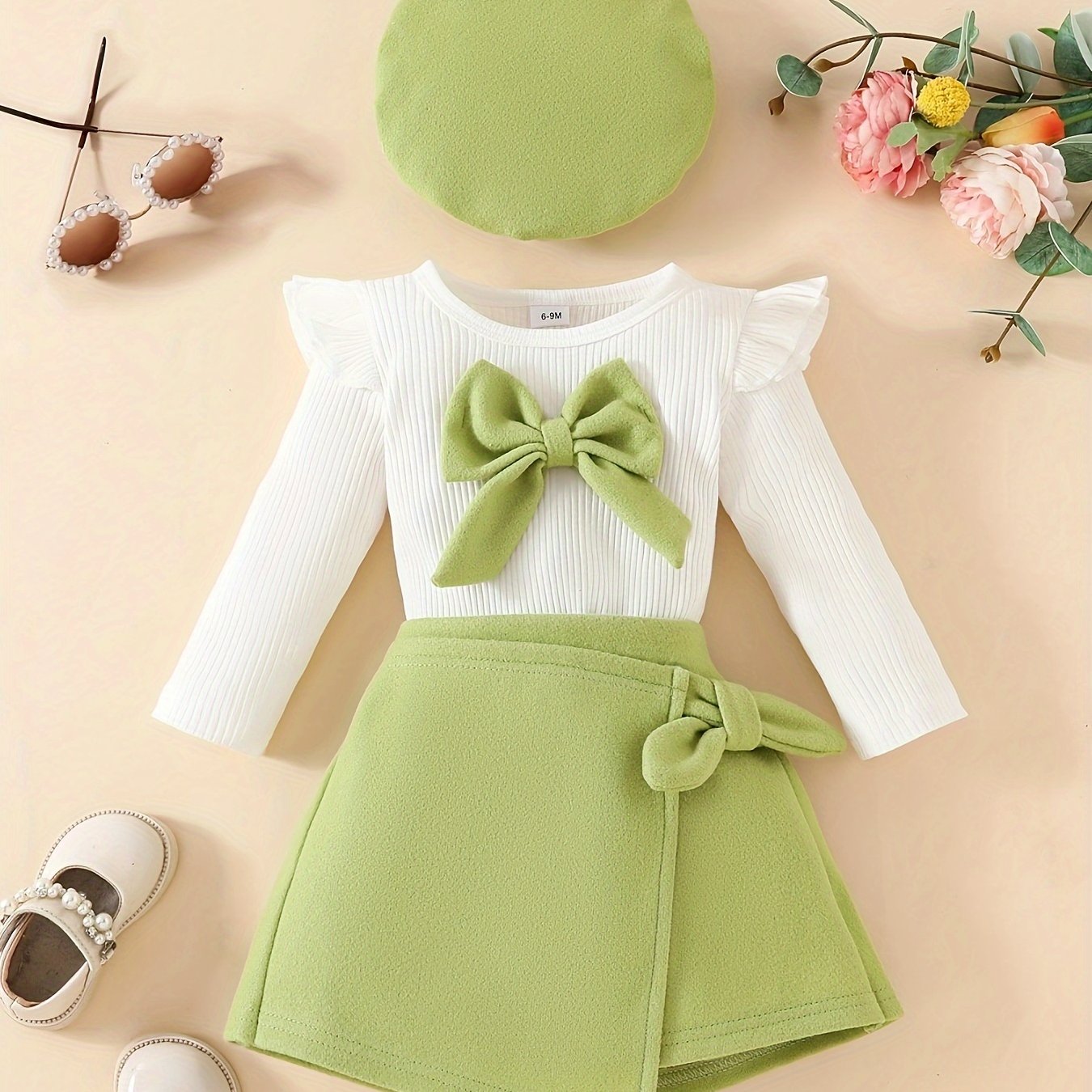 Baby Girls' Winter Fall Knitted Bowknot Top Beret Skirt Set for Toddler Infants