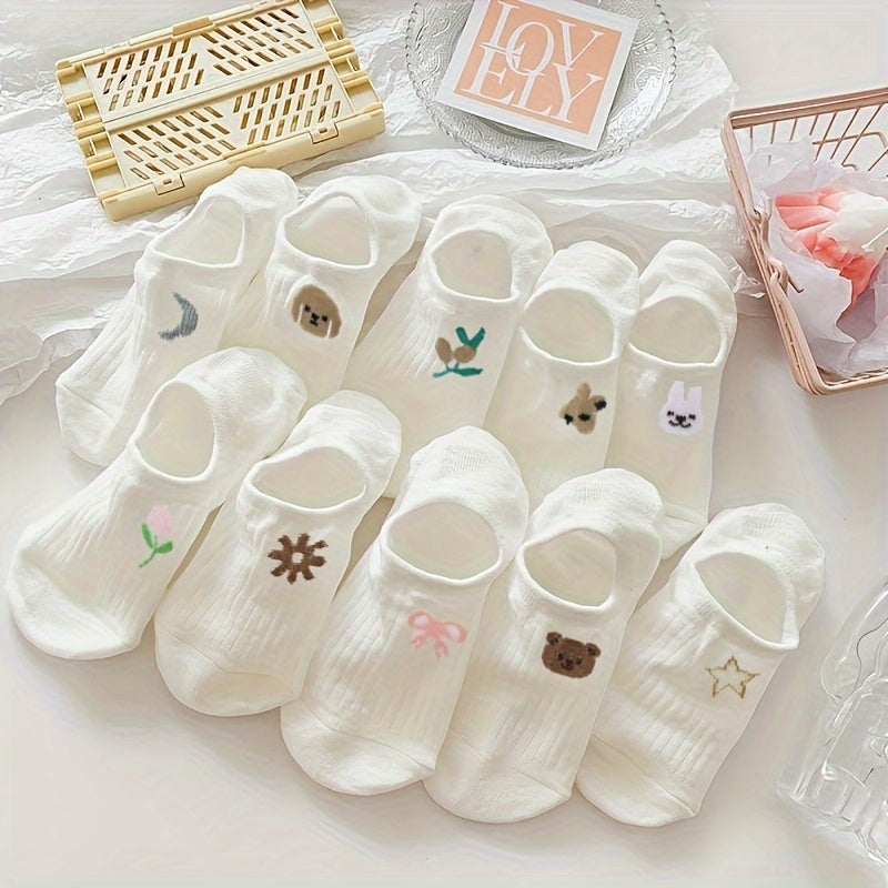 Women's No-Show Socks Pack of 10 Animal and Floral Breathable Polyester Non-Slip Heel