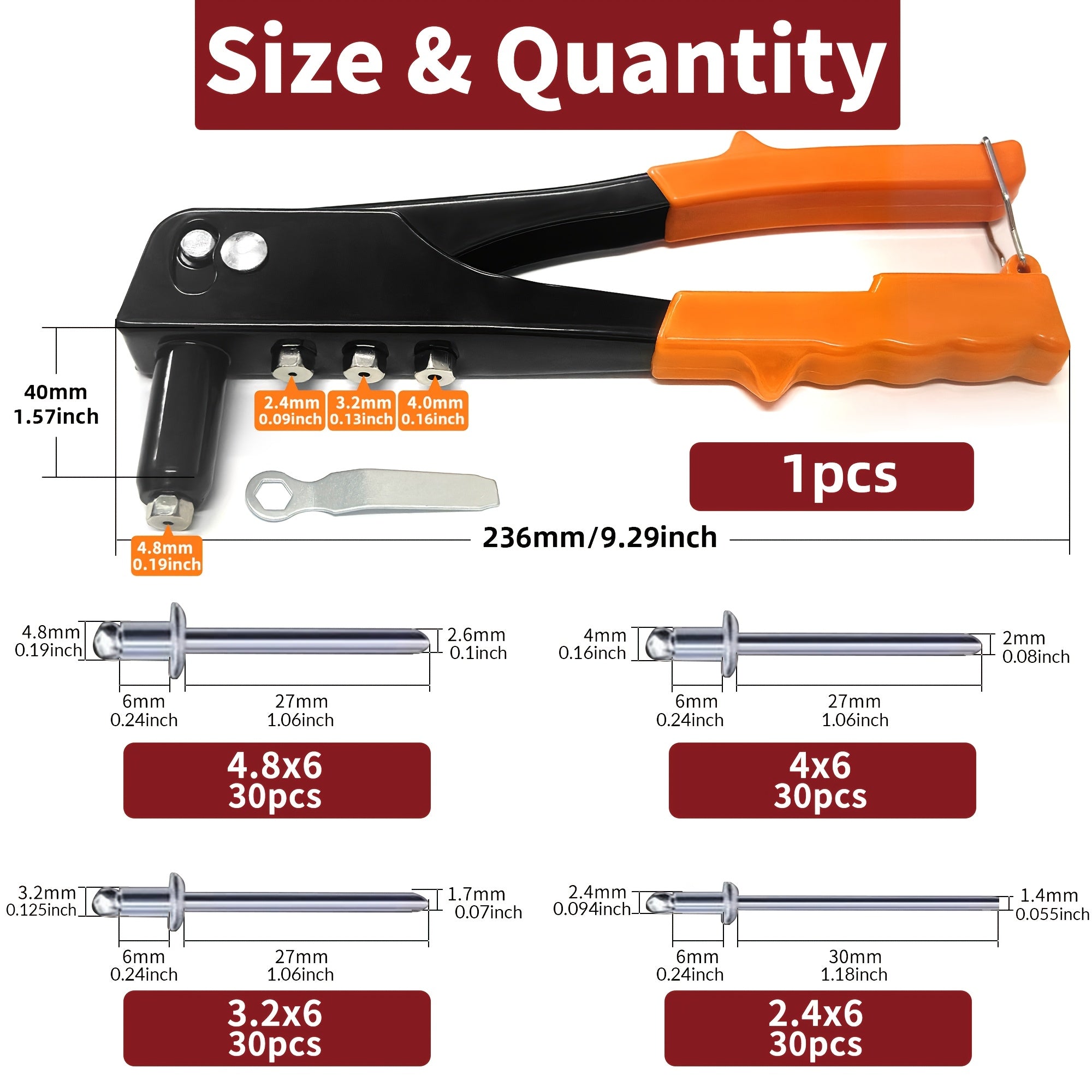 Heavy Duty Hand Riveter with 4 Nosepieces and 120 Rivets for Metal Plastic Leather