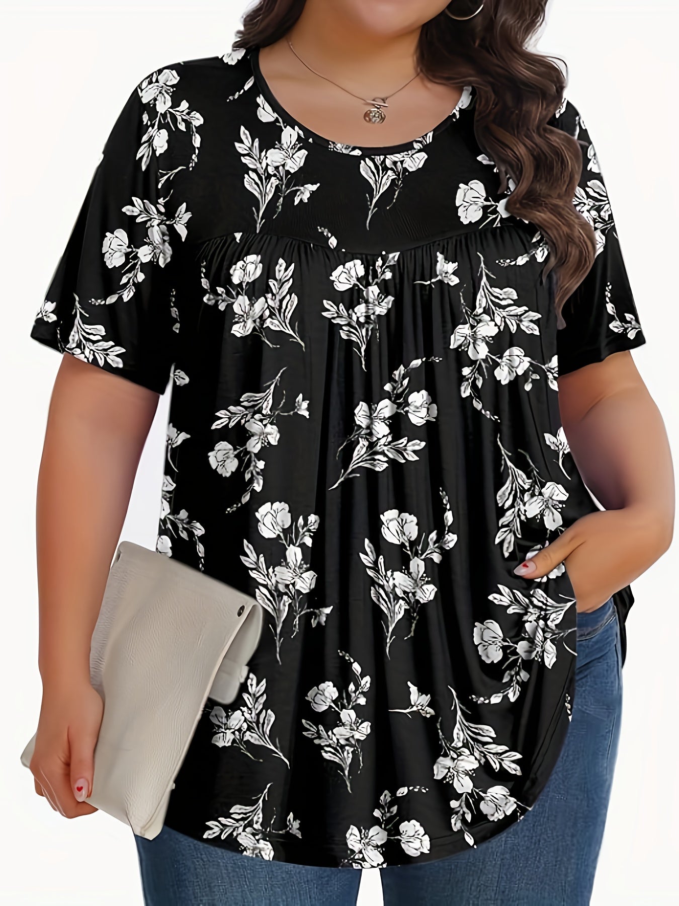 Plus Size Women's Floral Print Short Sleeve T-Shirt Casual All-Season Top