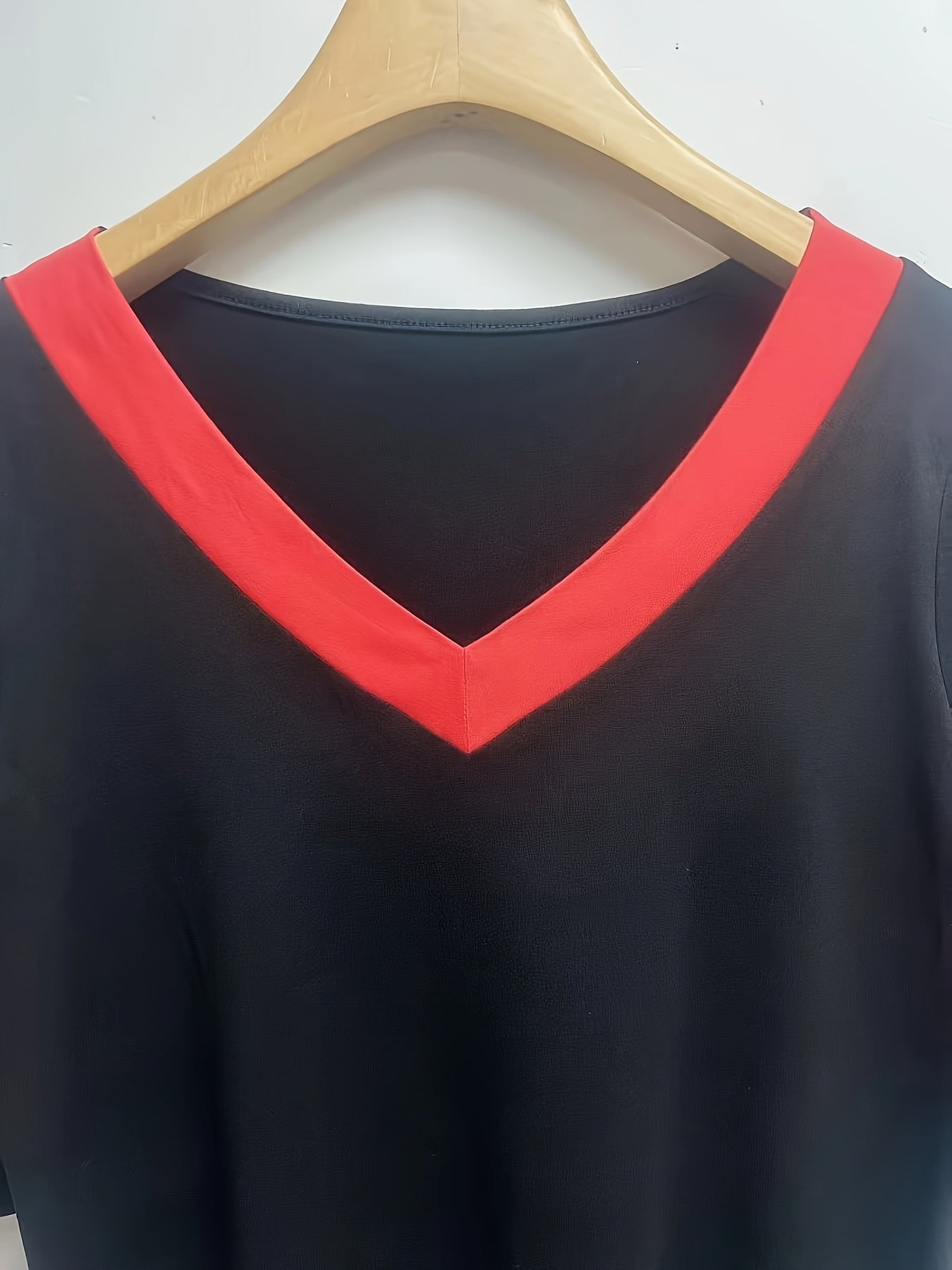 Women's Black V-Neck T-Shirt with Red Accents Stretchy Casual Top