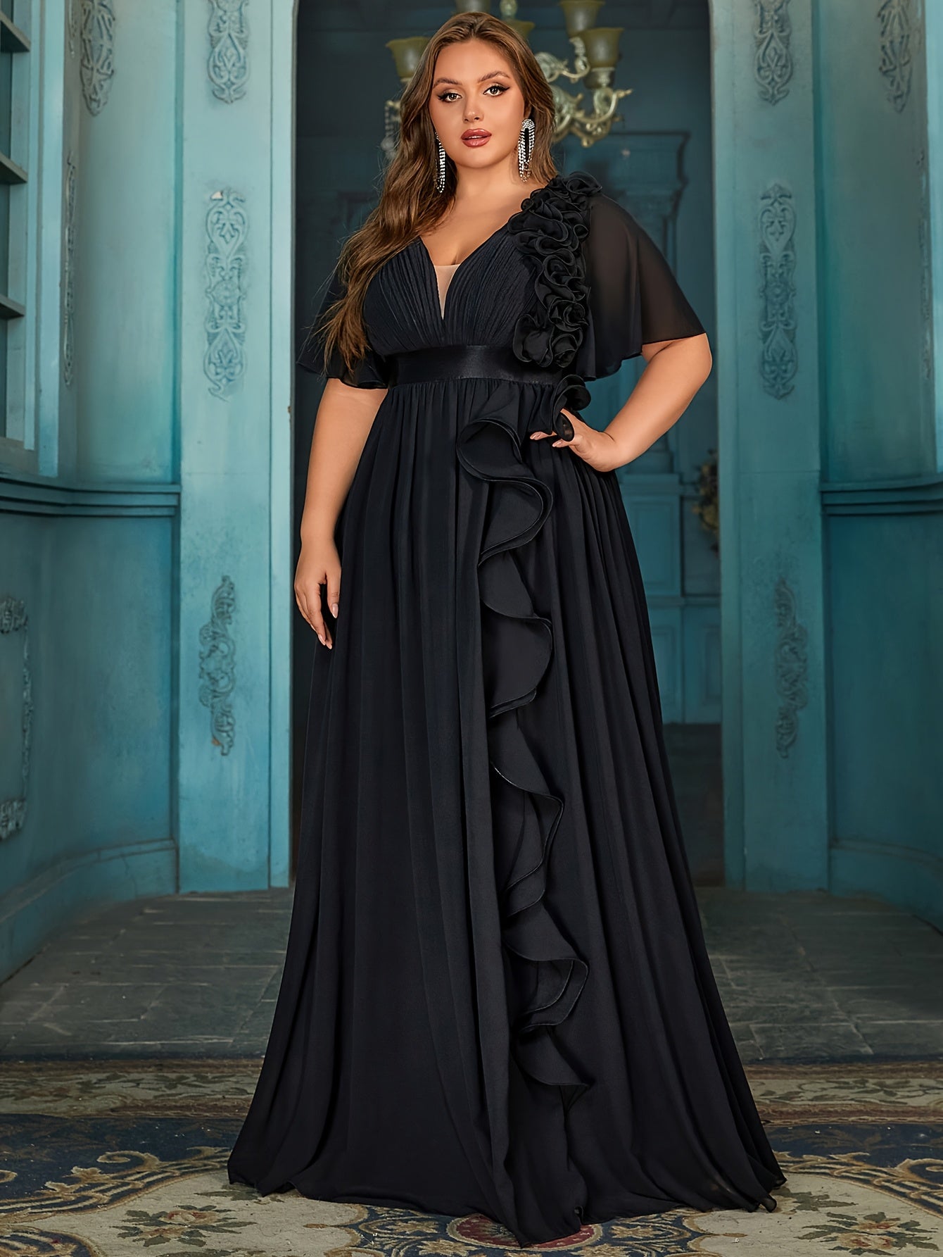 Plus Size Black Maxi Dress with V-Neck Ruffle Sleeves and Lace Details for Evening Events