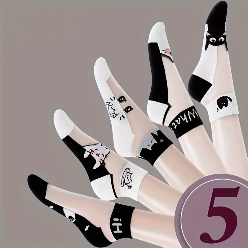 Women’s Cat Pattern Ankle Socks 5 Pairs Breathable Polyester Spandex Knit