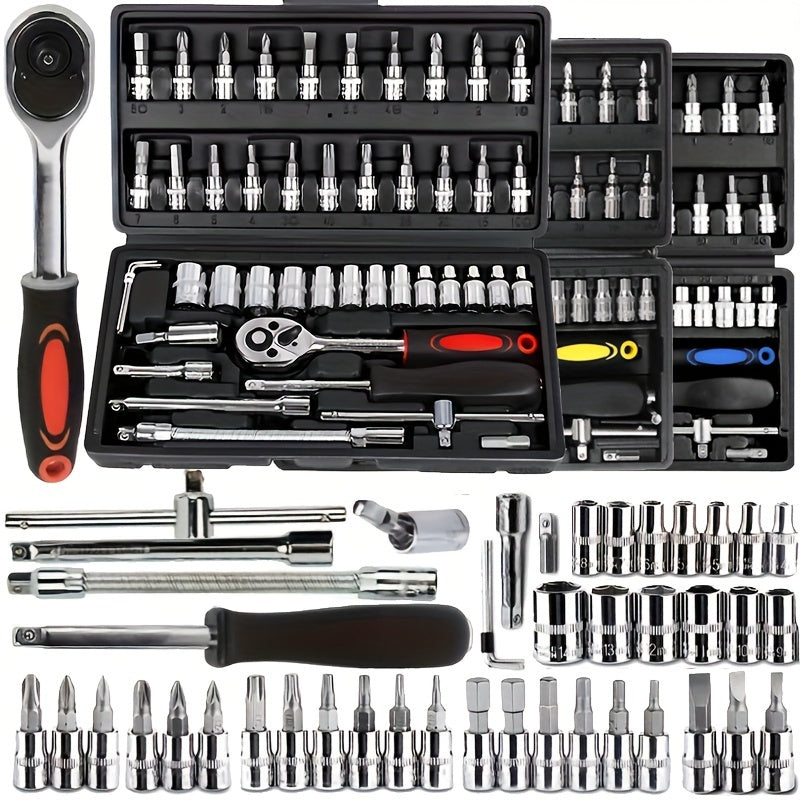 46-Piece Tool Kit 1/4 Inch Drive Ratchet Wrench Socket Set Car Repair