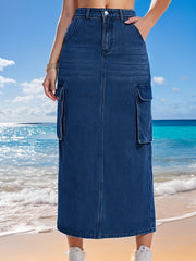 Falda de mezclilla tipo cargo para mujer con bolsillos, de rayón ligero, primavera verano