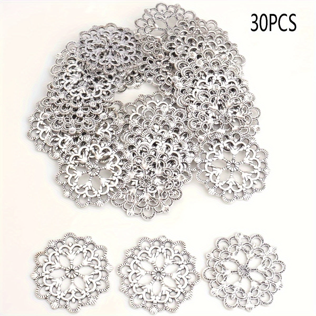 Set of 30 Antique Silver and Gold Hollow Lace Flower Round Pendants 30mm for Jewelry Making and Decorations