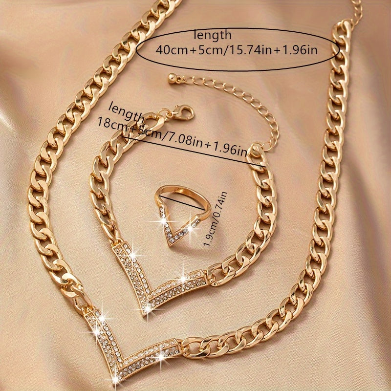 Ayollar uchun zamonaviy V-shaklidagi zanjir taqinchoq to'plami - porloq rhinestone marjon, bilaguzuk va uzuk to'plami - har kuni va maxsus tadbirlar uchun ideal