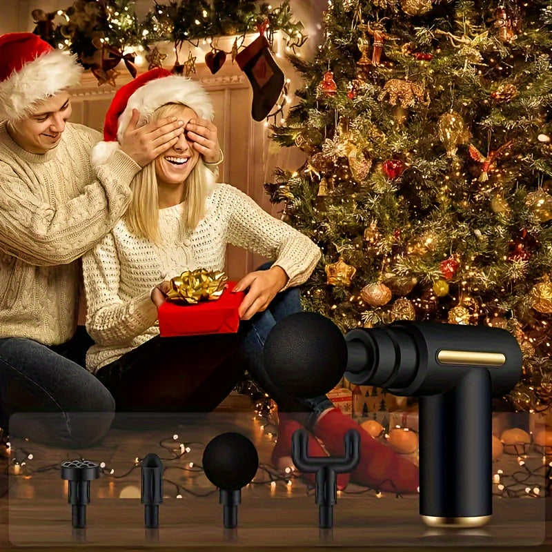 Black and Gold Handheld Percussion Massage Gun with 4 Heads 6 Speeds Rechargeable