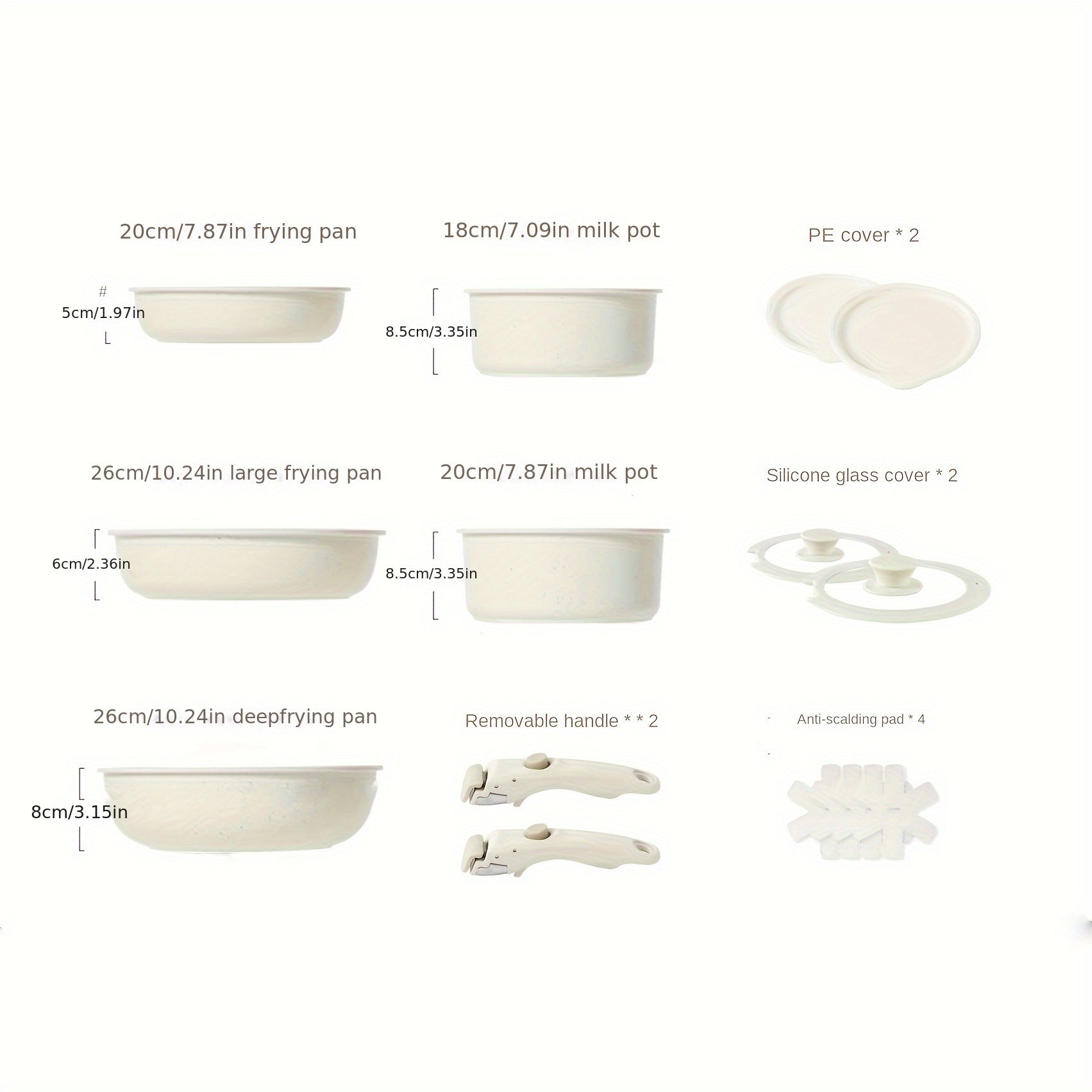 15-Piece Nonstick Cookware Set in Milk White with Detachable Handles, Dishwasher Safe