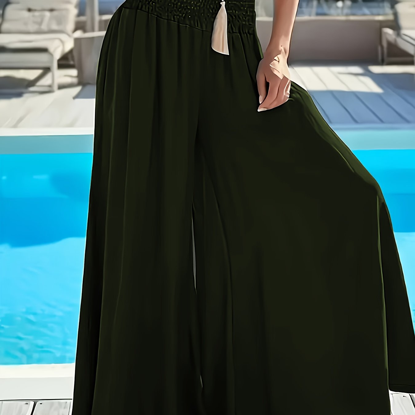 Plus Size Women's High-Waisted Wide Leg Pants Solid Green Polyester Casual