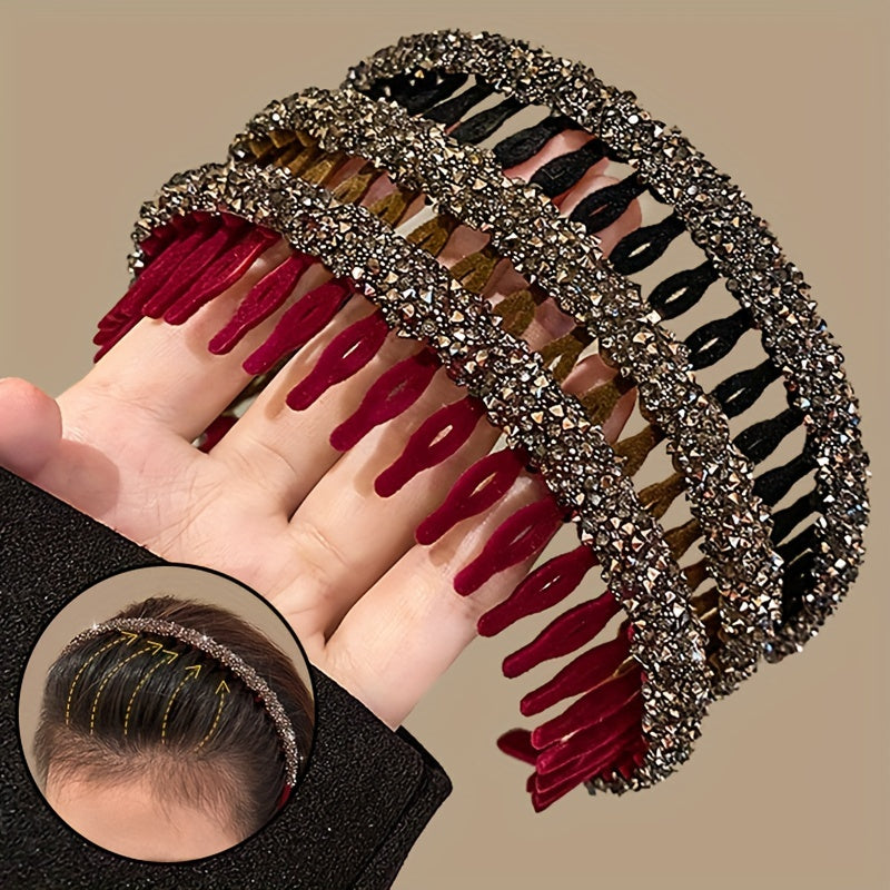 Ayollar uchun soch bantlari to'plami, olmosli flocked dizayni va tishli dengiz naqshli, 3 ta bo'lak