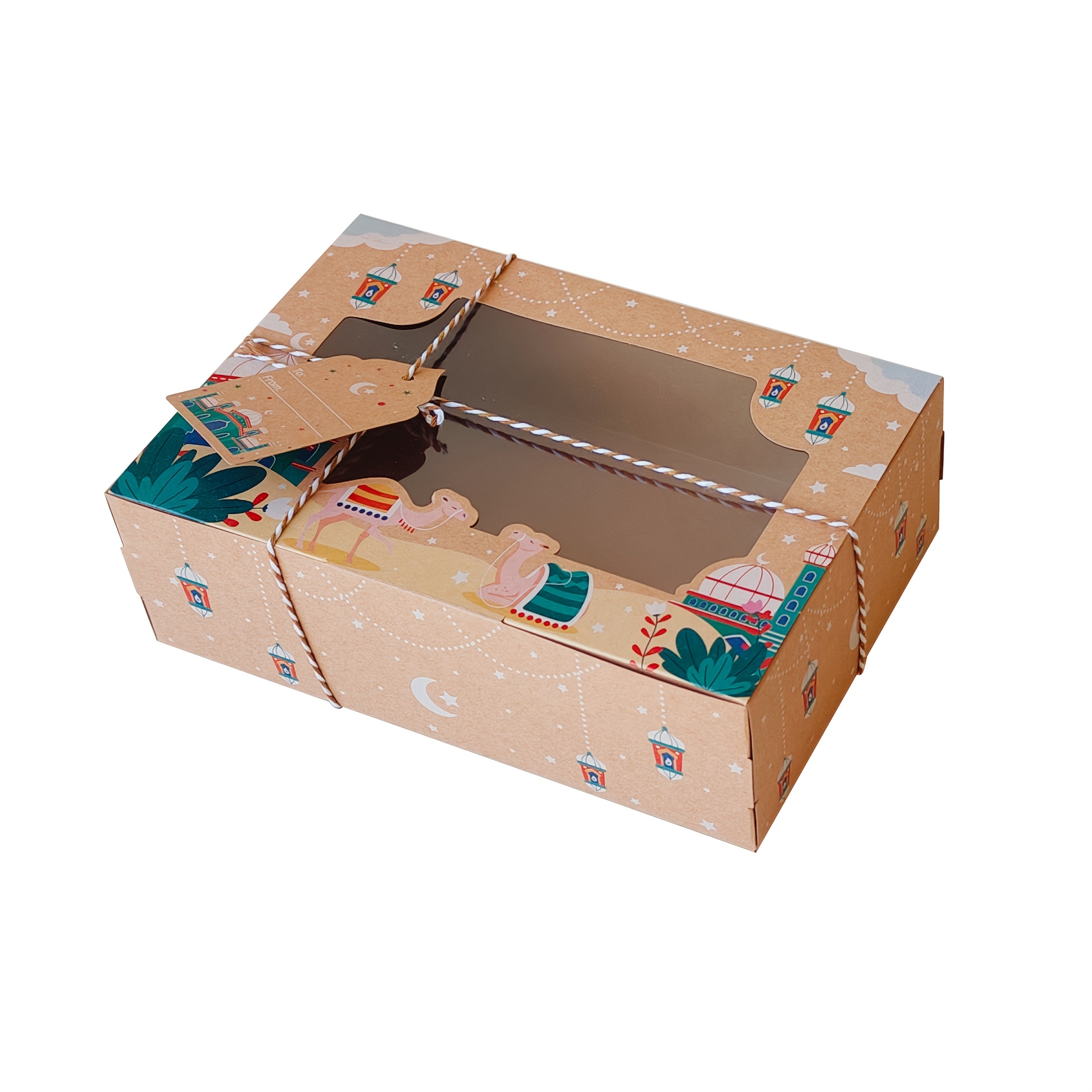 Eid Kraft Paper Gift Boxes with Islamic Designs and View Window for Ramadan Candy Packaging Set of 24