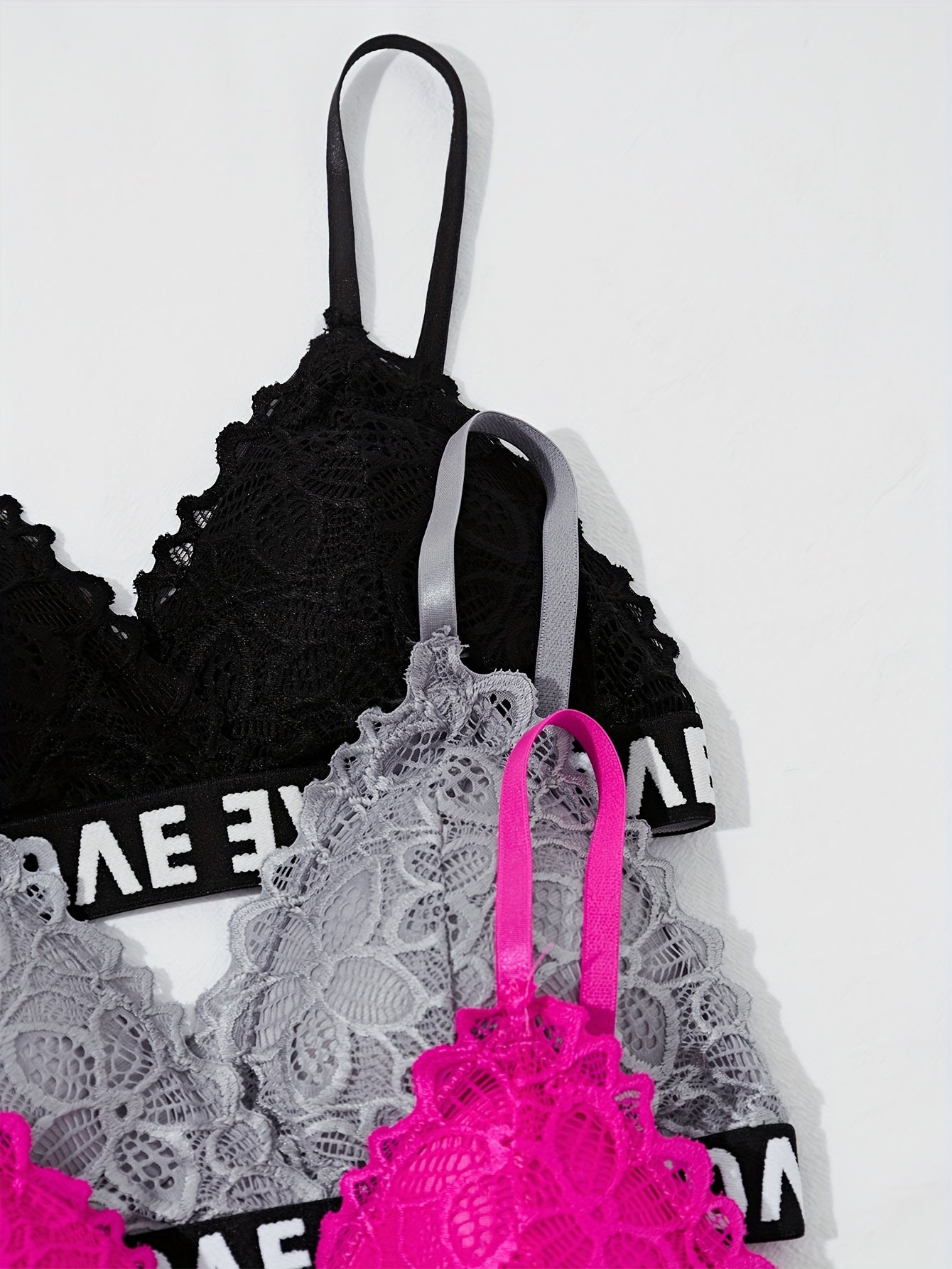 Women's Floral Lace Lingerie Set with Letter Print Contrast Trim Cami Bra and Panties