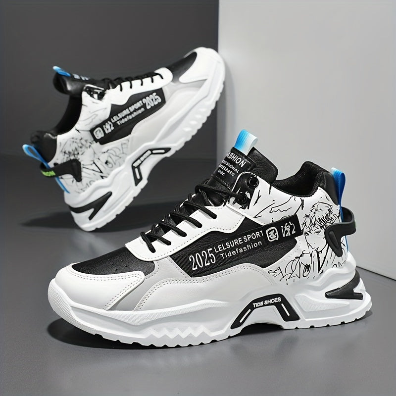 Men's Anime Pattern Lace-Up Non-Slip Platform Sneakers for Outdoor Activities