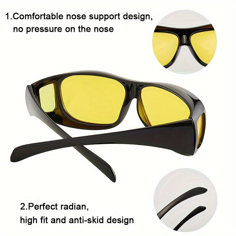 Men Women Oversized Black Frame Sunglasses with Yellow Lenses for Night Driving Set of 2