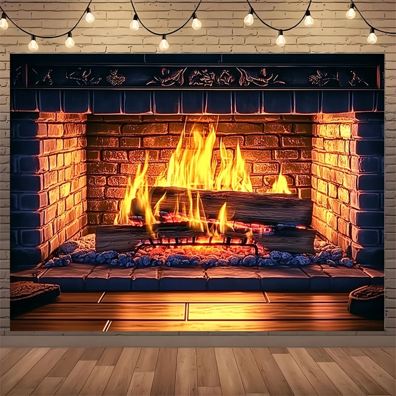 Giant 3D Fireplace Backdrop Red Brick Design Polyester Indoor Decor Multiple Sizes