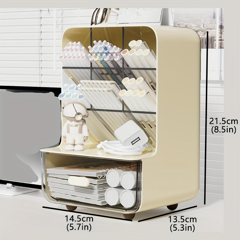 Plastic Desk Organizer with Drawer and Multi-Compartment Pen Holder for Office Supplies