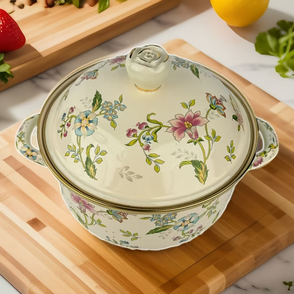 Enamel Soup Pot with Rose Ceramic Lid, Dual Handles, Dual-Tone Coating