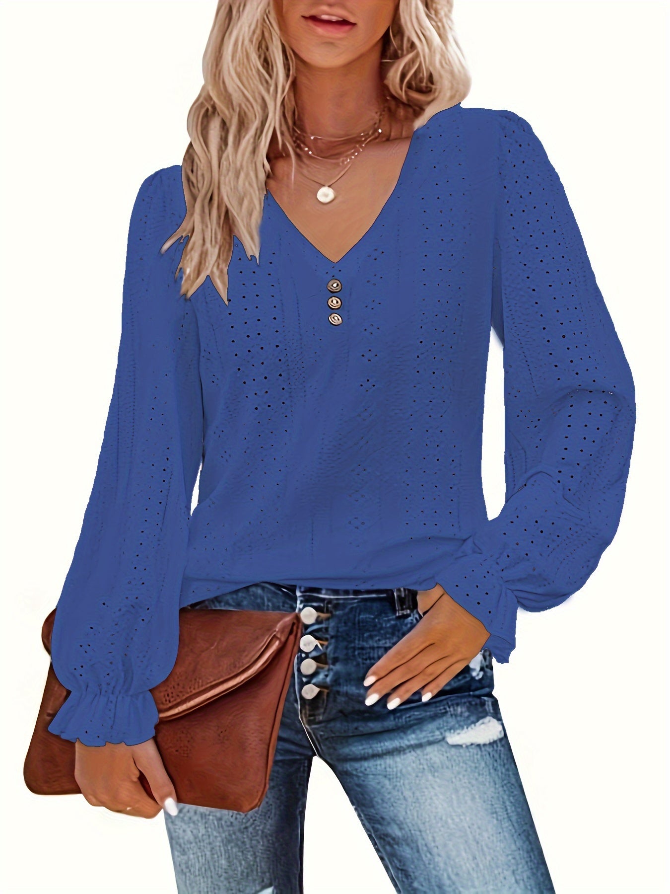 Plus Size Eyelet Button Decor T-Shirt Casual V Neck Long Sleeve Top