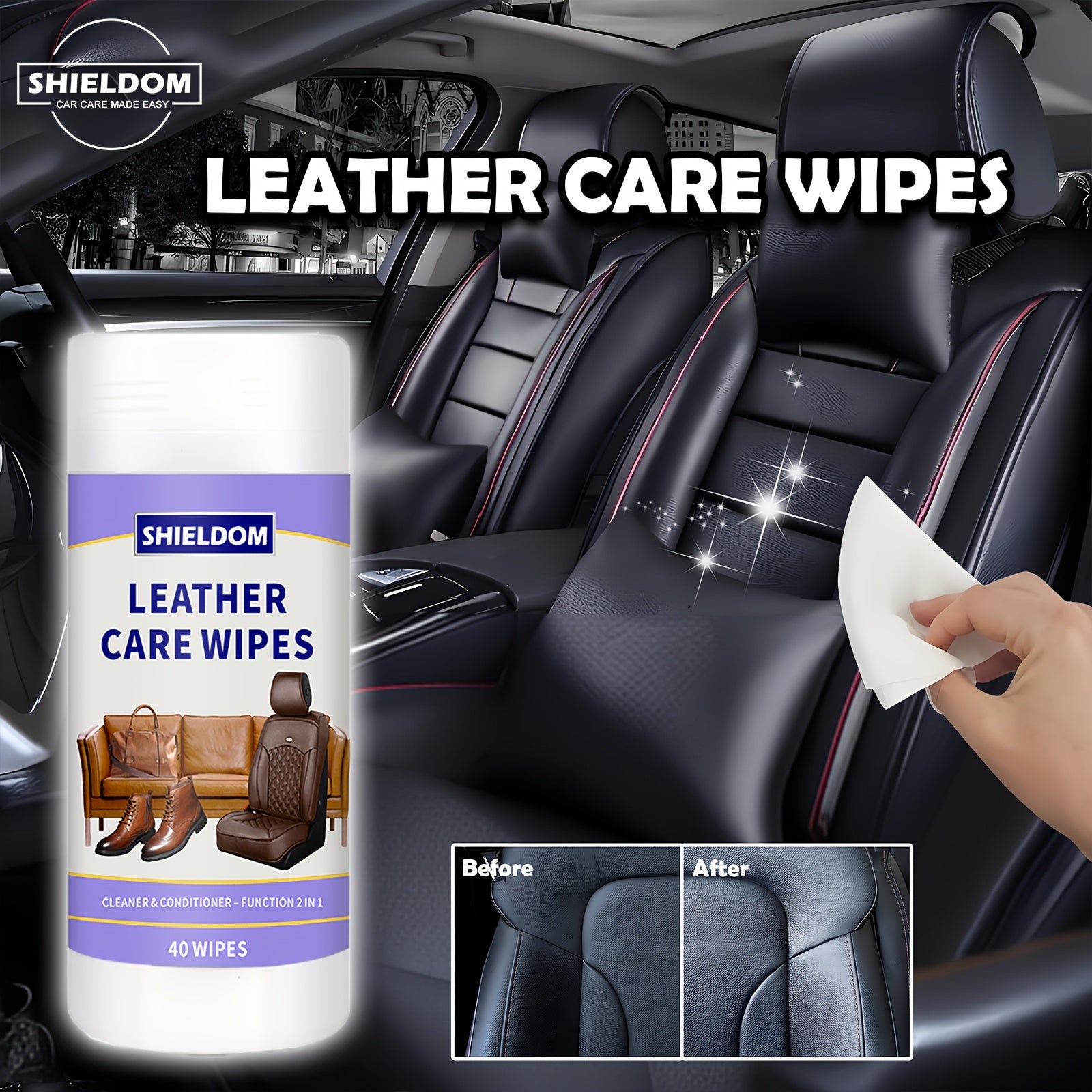 Leather Care Wipes for Car Seats & Furniture, Leather Protector, 40 Wipes