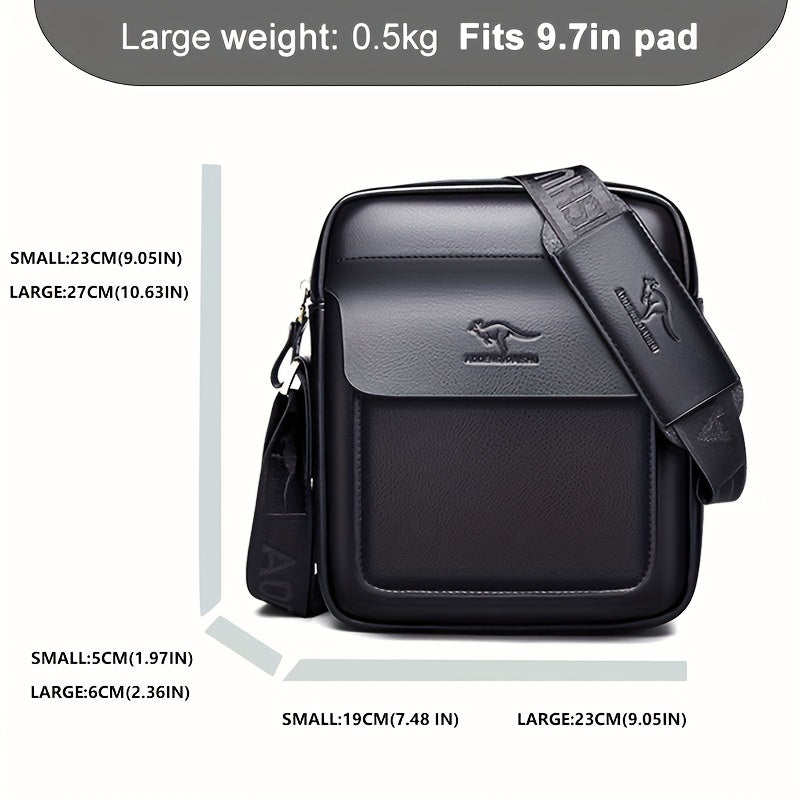 Men's Black Synthetic Leather Crossbody Bag with Embossed Dinosaur Logo and Multi-Compartment Design