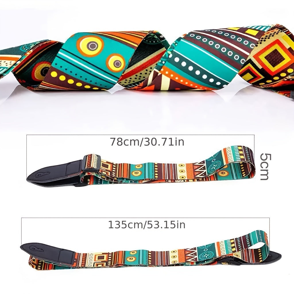 Correa de guitarra de cuero sintético ajustable con patrón vibrante en rosa, amarillo y negro para guitarra acústica, eléctrica y bajo