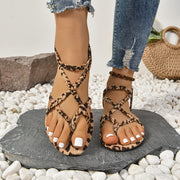 Women's Leopard Print Open Toe Flat Sandals Slip-On Summer Beach Shoes