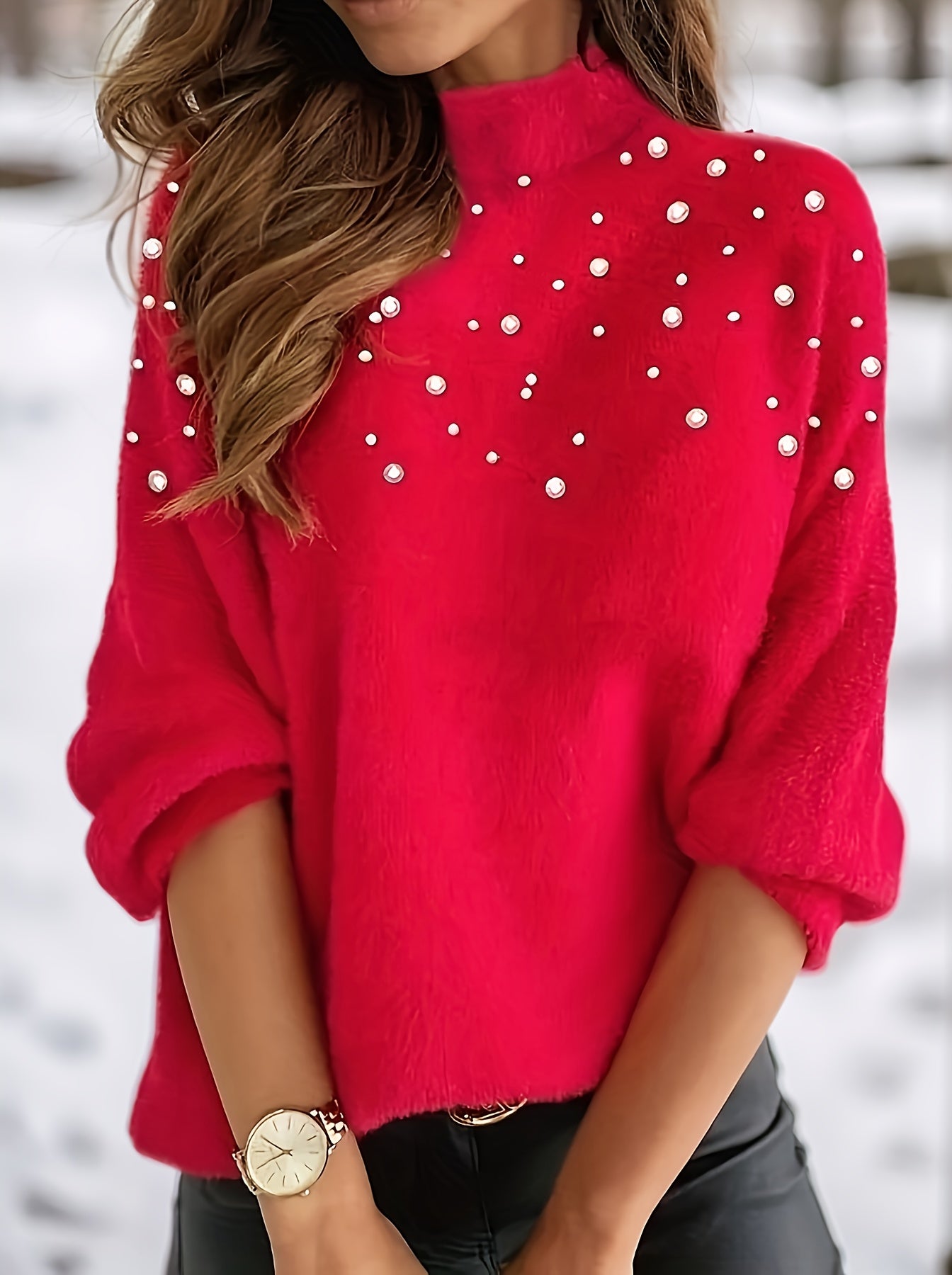 Women's Long Sleeve Pearl-Embellished Sweater in Red Fall Winter Pullover