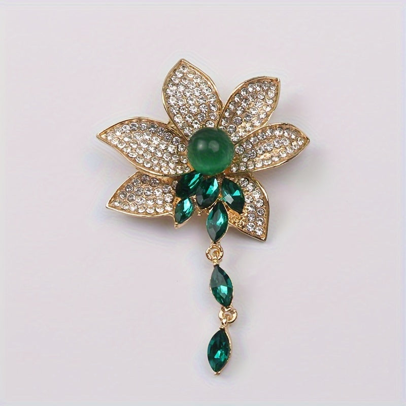 Ayollar uchun vintage yashil jade kristalli brosh pin, rhinestones va tassel dizayni bilan