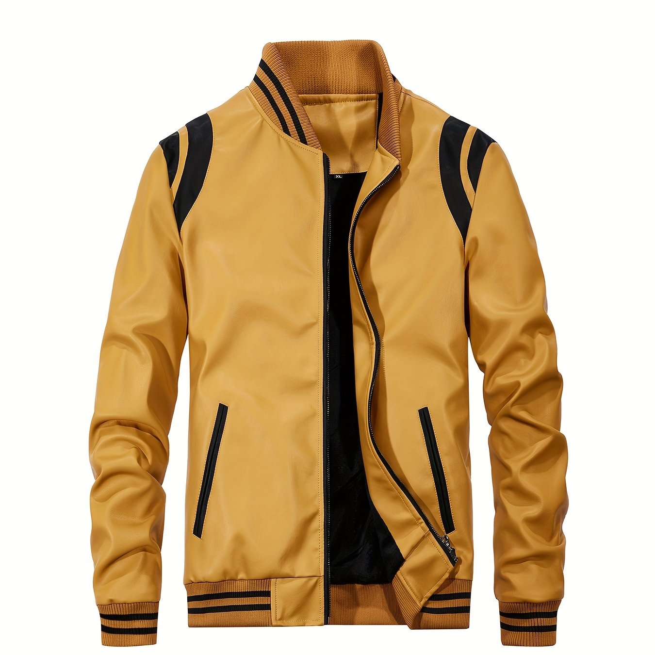 Erkaklar uchun sun'iy charm kurtka, klassik dizayn, retro uslubidagi fermuarli, turli xil yenglar, chiziqli aksentlar va har kuni kiyish uchun mashinada yuviladigan polyester aralashmasi.