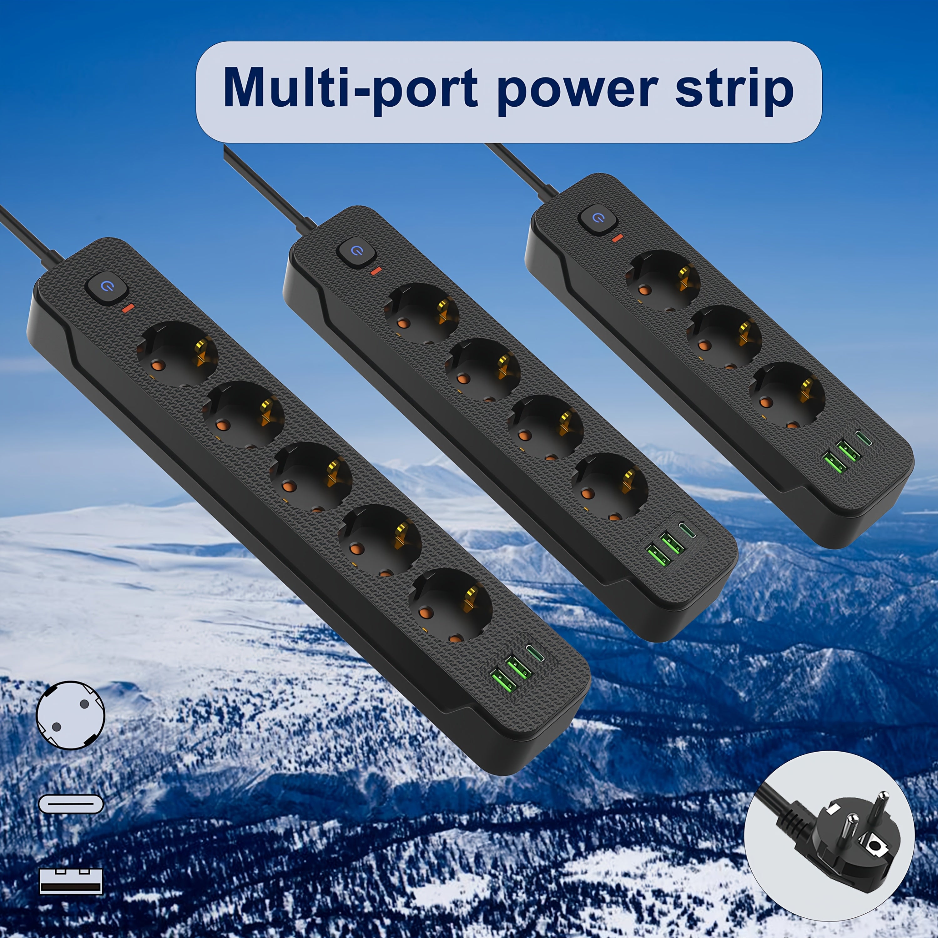 Europe Power Strip with 3/4/5 Sockets, 2m Extension Cord, Main Switch for Home Office Kitchen Garage Outdoors