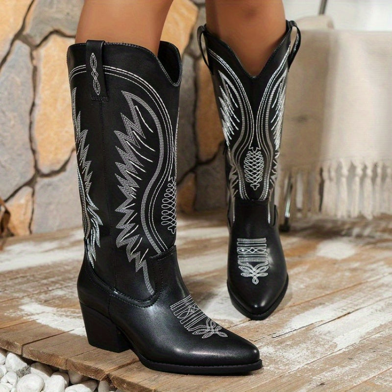 Women's Plus Size Long Western Cowboy Boots with Pointed Toe and Mid Heels