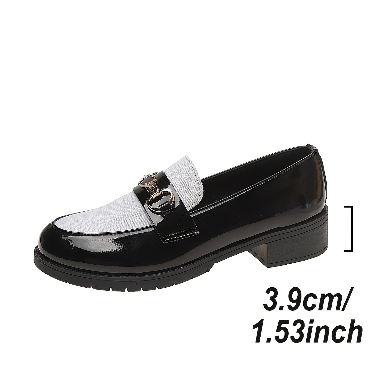 Women's Black and White Loafers with Golden Chain Slip-On Chunky Heel