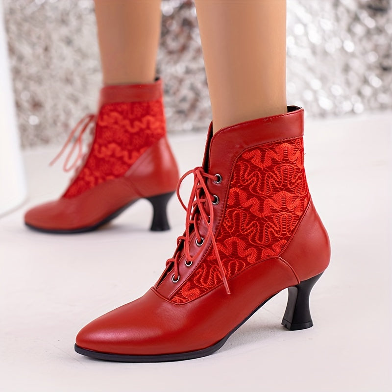 Women's Leather Stiletto Ankle Boots Pointed Toe Lace Up Short Shoes