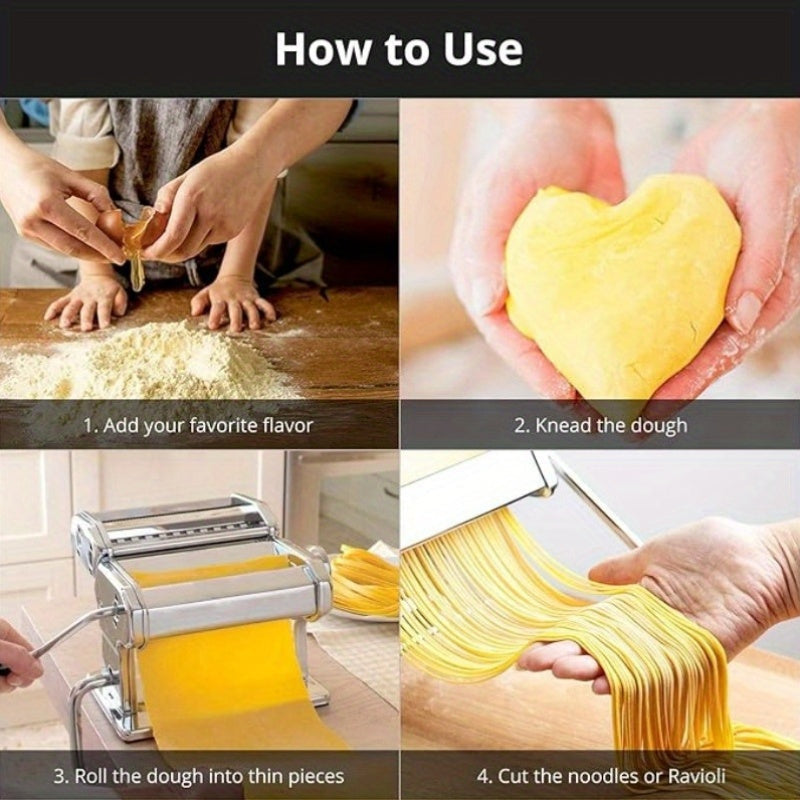 Stainless Steel Pasta Maker with 6 Adjustable Thickness Settings and Hand Crank