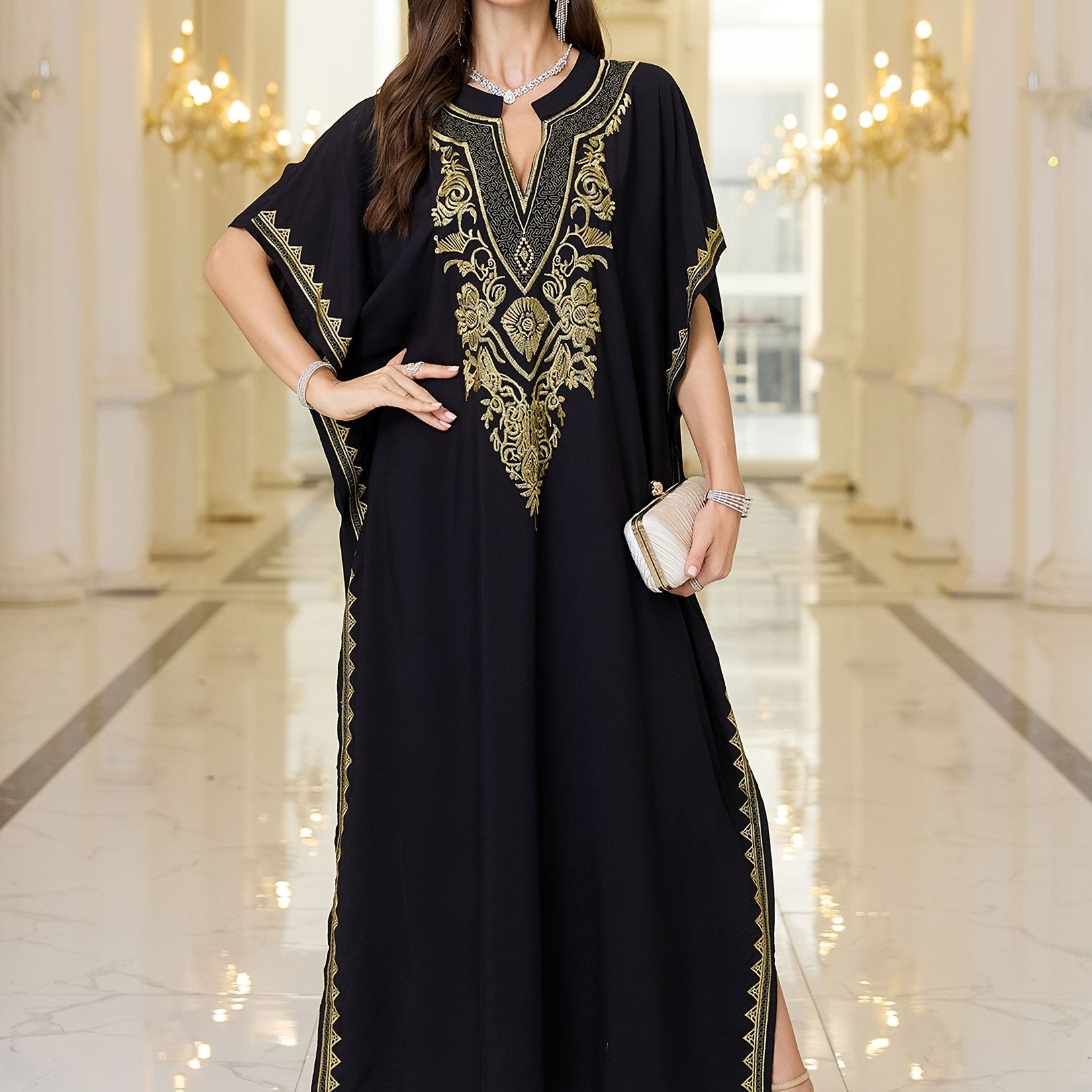 Plus Size Floral Embroidered Maxi Kaftan Dress with Notched Neck and Batwing Sleeves