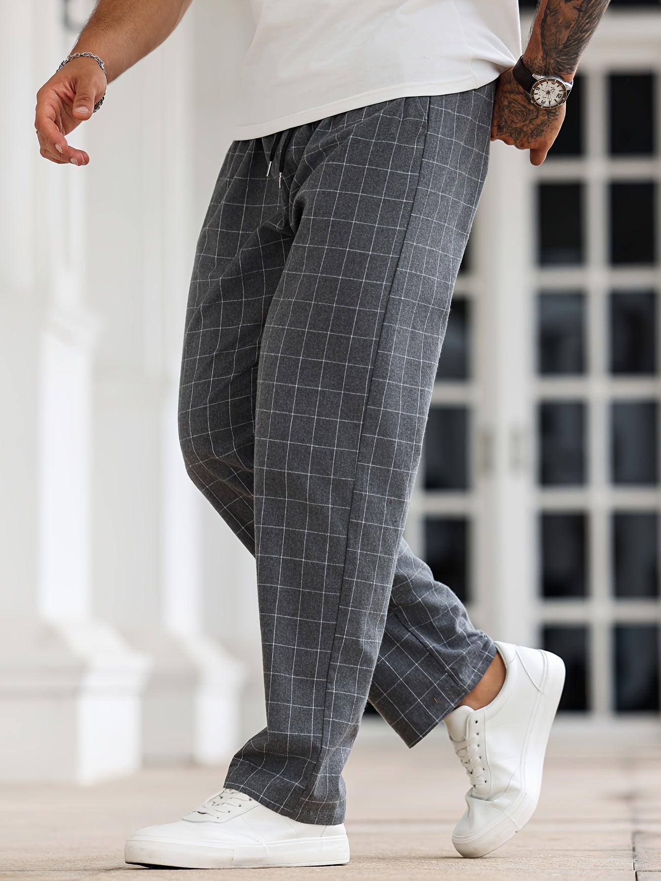 Men's Black and White Plaid Sleep Pants with Drawstring Polyester Lounge Casual