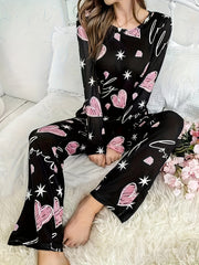 Women's Heart and Diamond Print Lounge Set Long Sleeve Top and Pants Casual Loungewear