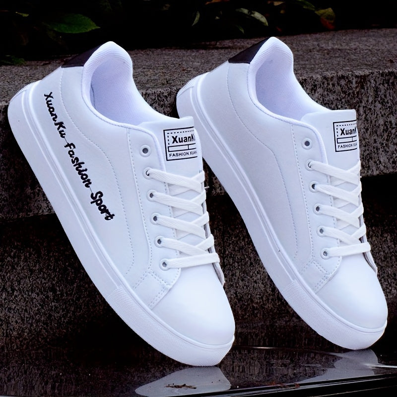 Men's White Skate Sneakers with Letter Embroidery, Casual Low-Top Shoes