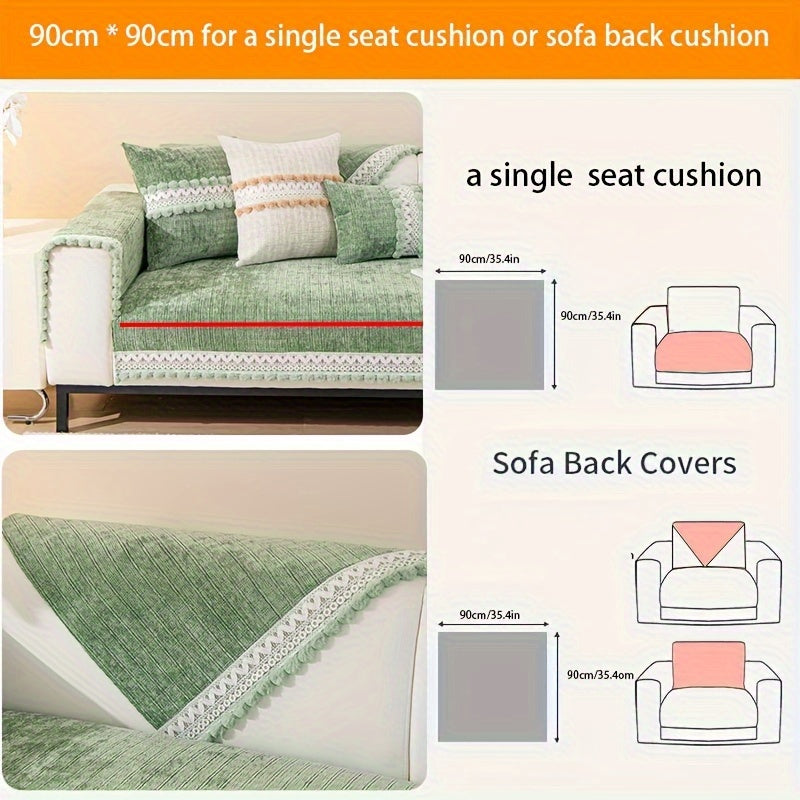 Зеленый чехол для дивана из шенилла с помпонами - водонепроницаемый и дружелюбный к домашним животным, подходит для всех размеров диванов (на 1-4 человека) - легкий в уходе, можно стирать в машине, с кисточками, идеален для любого декора комнаты