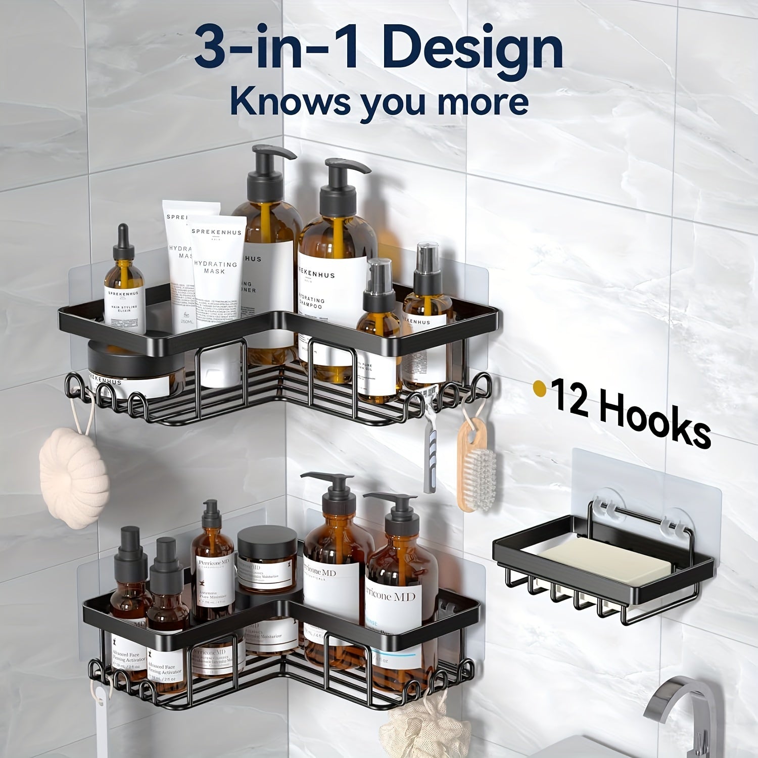 Corner Adhesive Shower Caddy with Soap Holder and Hooks Black Rustproof Stainless Steel Bathroom Organizer