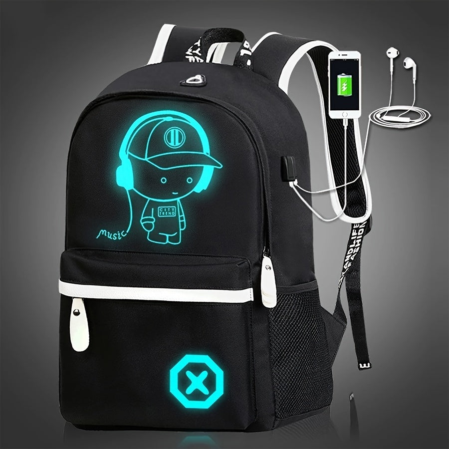Glow-in-the-Dark Cartoon Backpack with USB Charging Adjustable Straps Zipper Closure