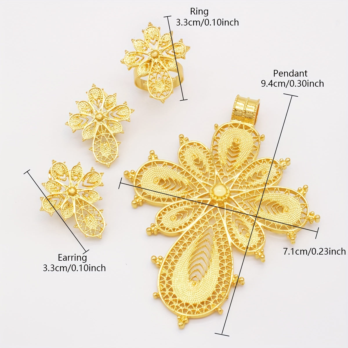 Gold Plated Jewelry Set with Earrings Necklace and Ring for Evening Parties